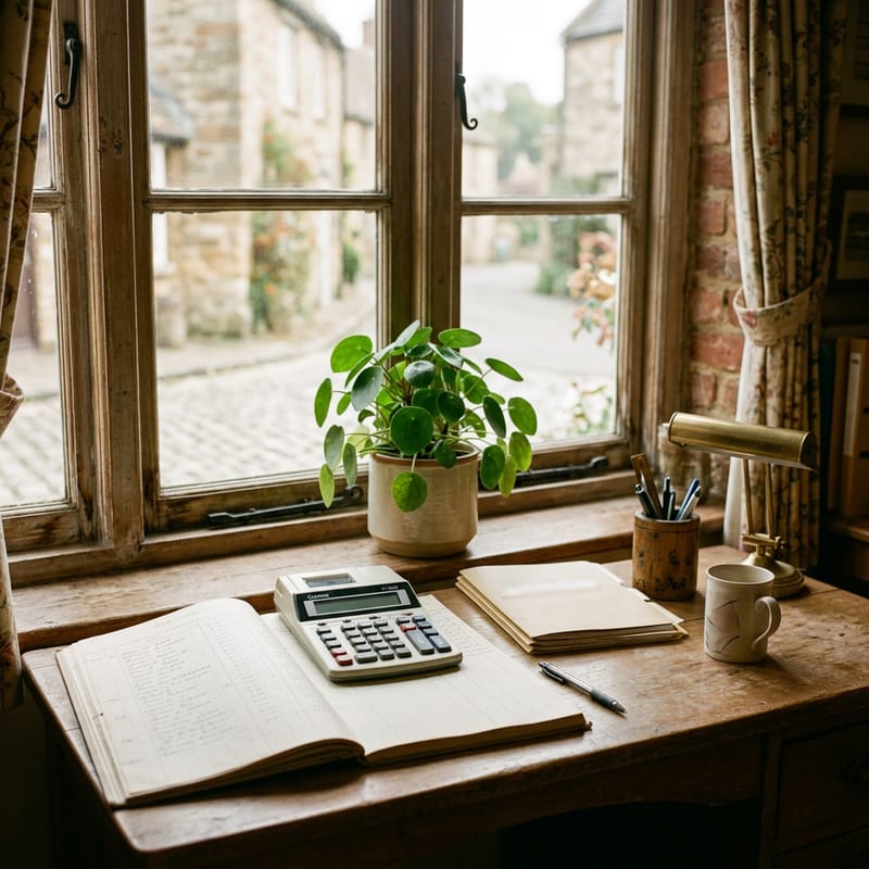 Un grand livre et une calculatrice sur le bureau d’un comptable