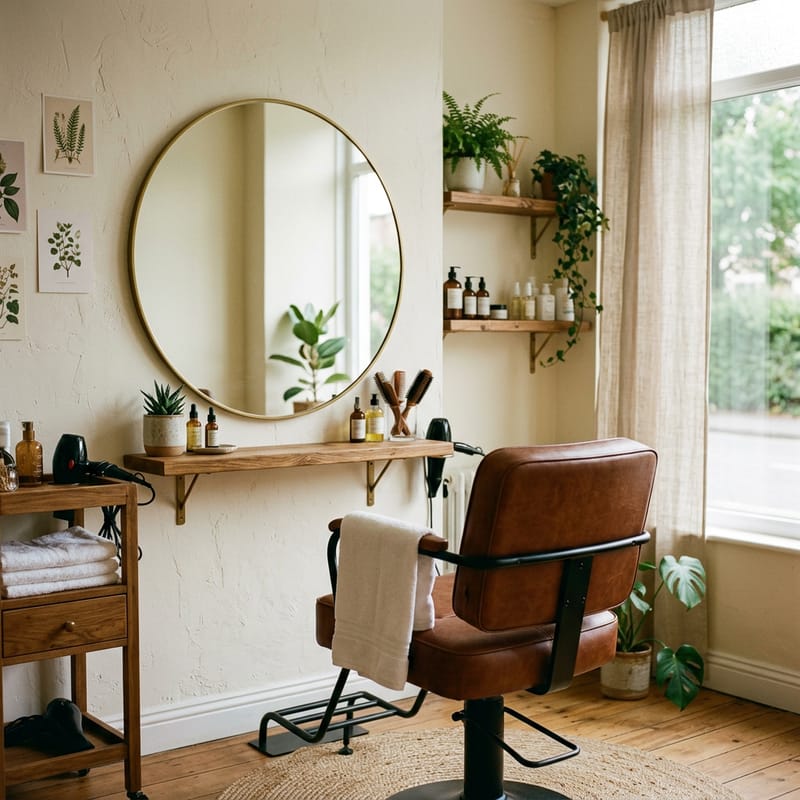 Un fauteuil de coiffeur devant un miroir rond